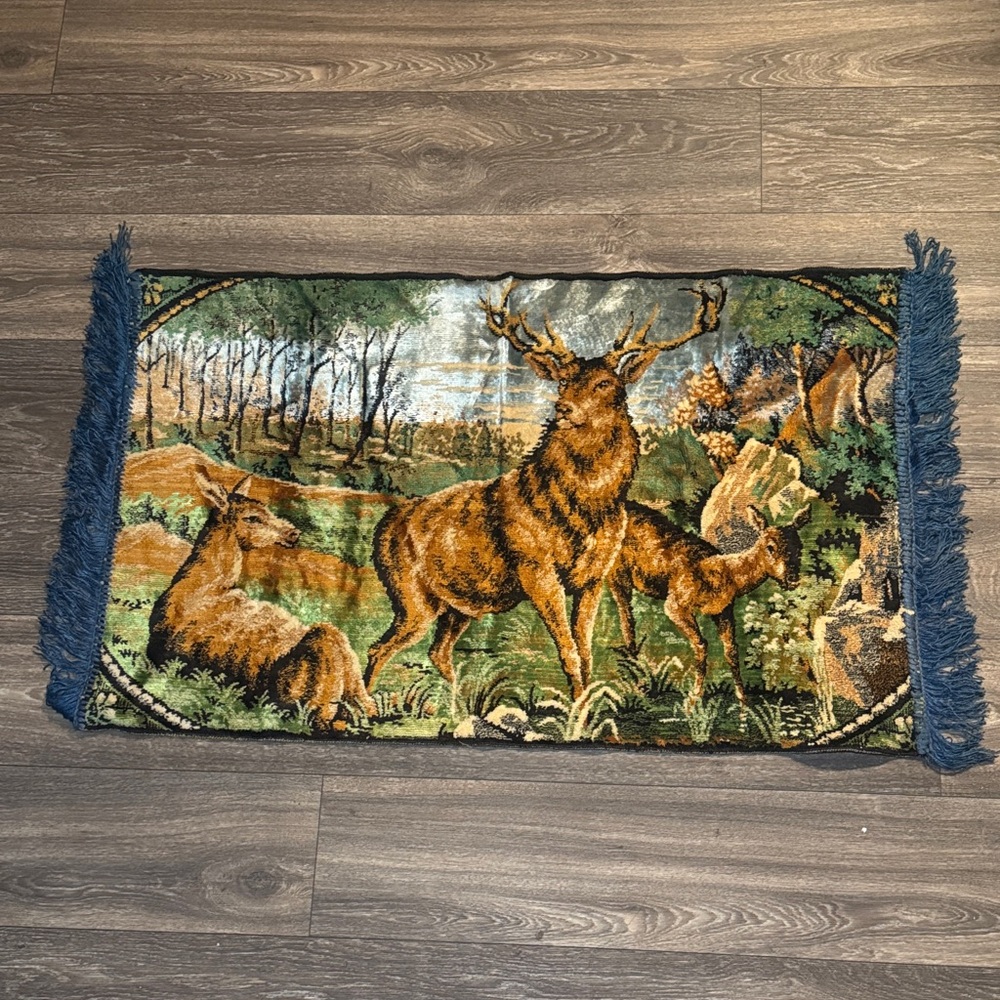 Vtg 60s Velvet Tapestry Rug Wall Hanging Stag Buck Deer Elk Doe Hunting